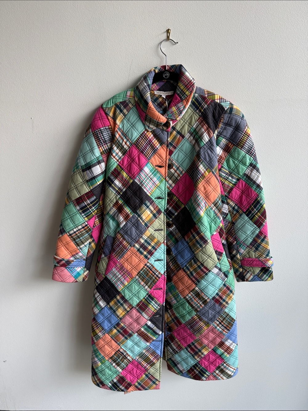 Multicolor Quilted Plaid Puffer Coat - Colorful Patchwork